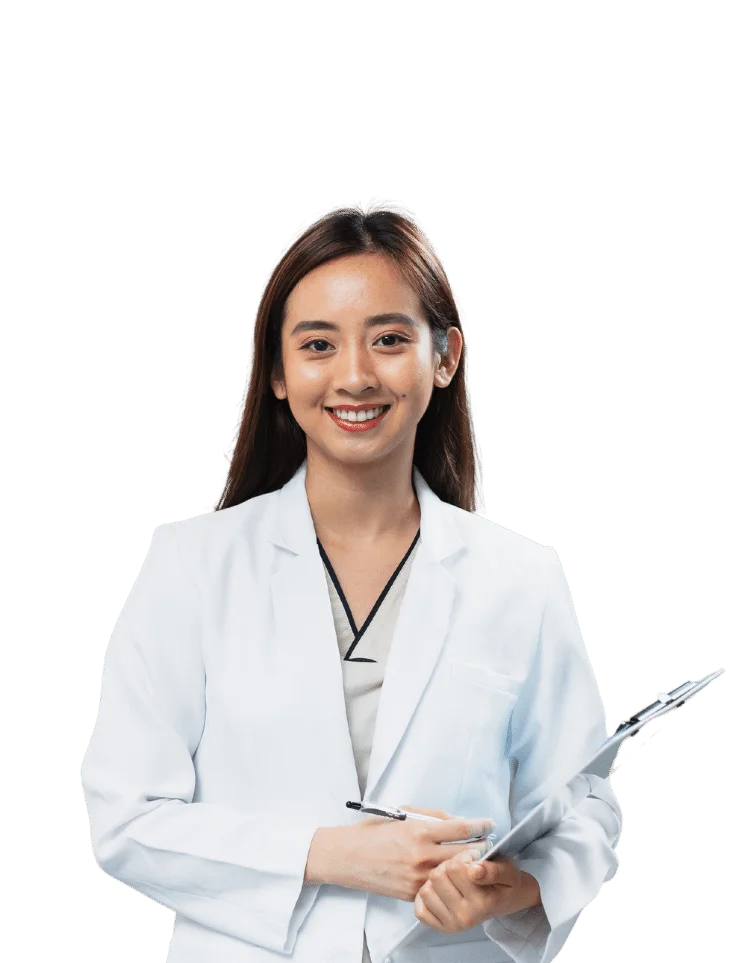 Associate dentist in a white coat holding a clipboard and pen