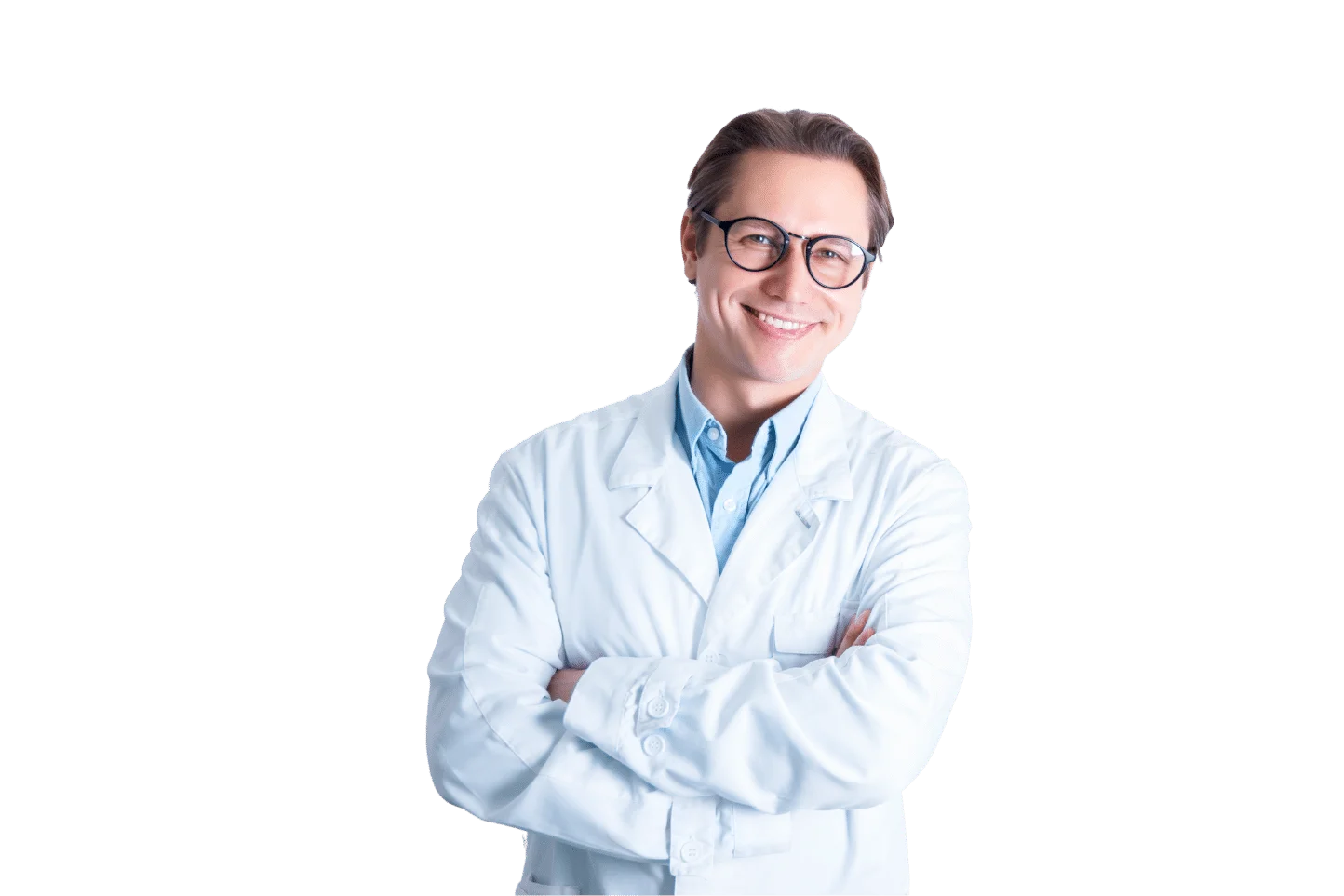 Smiling general dentist man in a white coat