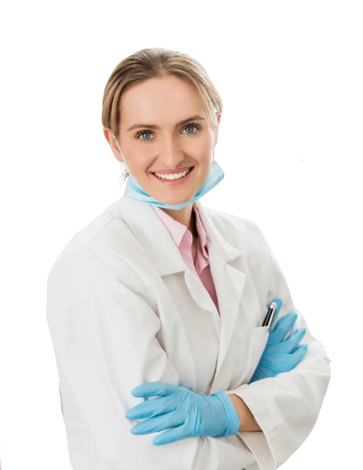 Endodontist in a white coat and blue gloves