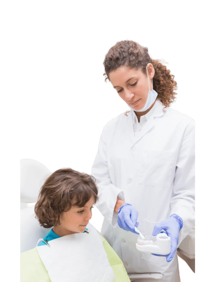 A pediatric dentist and a child in a dentist's chair