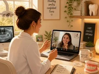 A dental professional working remotely at a home office while consulting with a patient on a laptop.