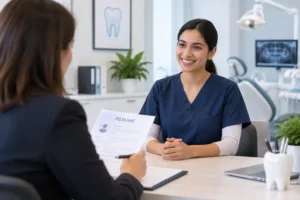 Dental candidate being interviewed by a hiring manager in a modern dental clinic