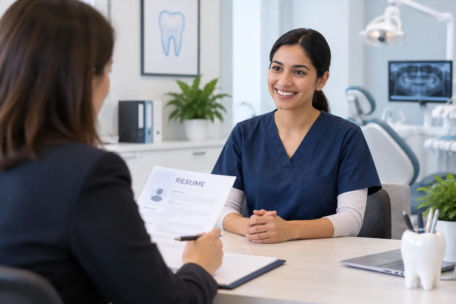 Dental candidate being interviewed by a hiring manager in a modern dental clinic