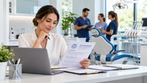 Dental practice manager writing a dental job description while reviewing a candidate profile