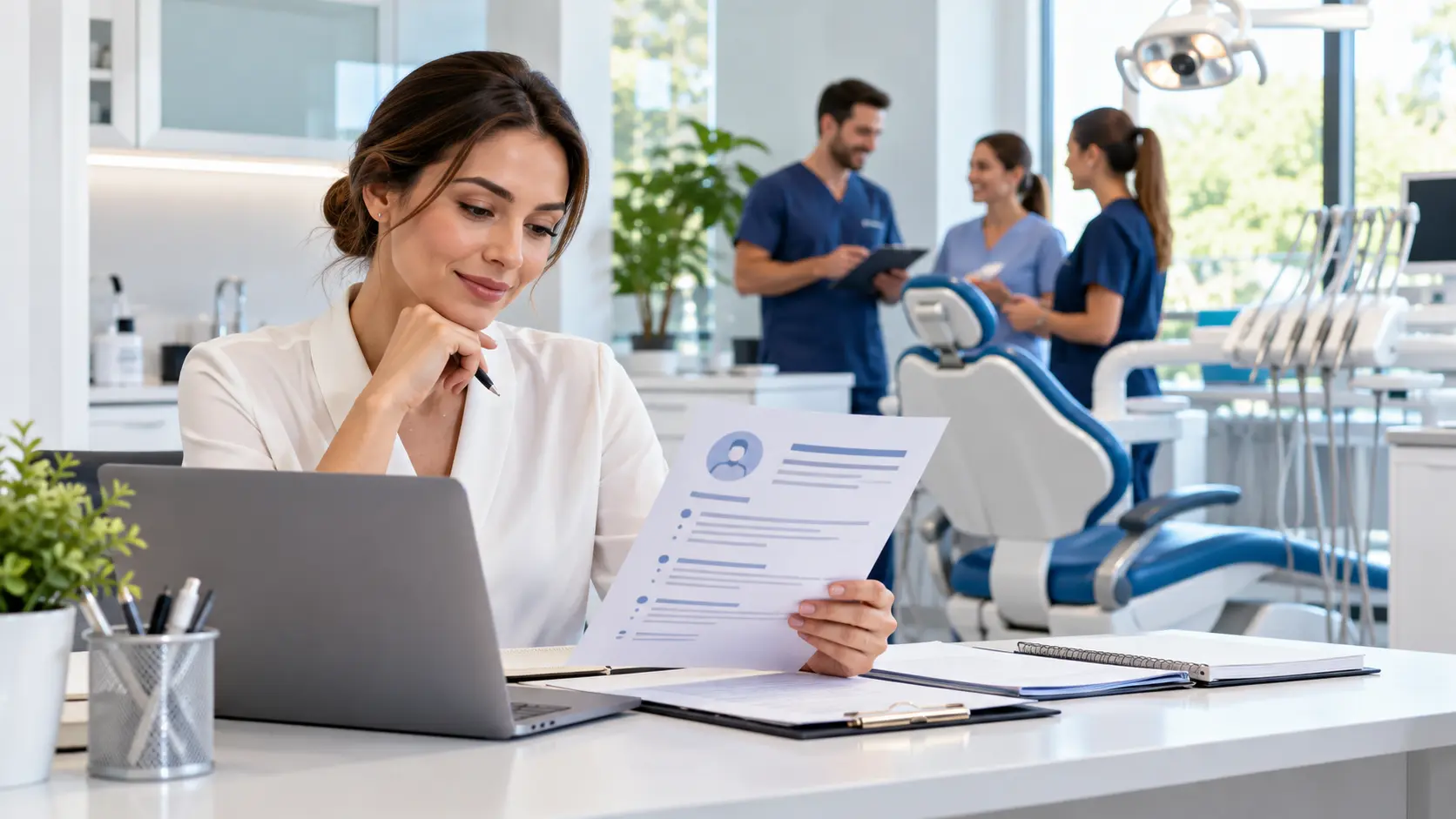 Dental practice manager writing a dental job description while reviewing a candidate profile