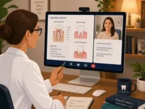Dentist providing a virtual dental consultation through a video call