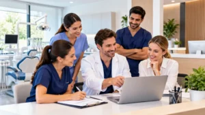 Dental team collaborating in a modern clinic to build a strong employer brand