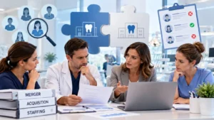Dental professionals discussing recruitment challenges and staffing decisions during a dental group merger or acquisition.
