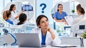 Dental practice manager comparing staff upskilling and hiring strategies in a modern dental clinic