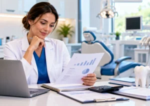 Dentist reviewing financial reports and business documents in a modern dental clinic